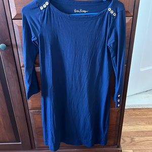Lilly Pulitzer Sophie Dress navy w/gold buttons at shoulders and cuffs, XS EUC